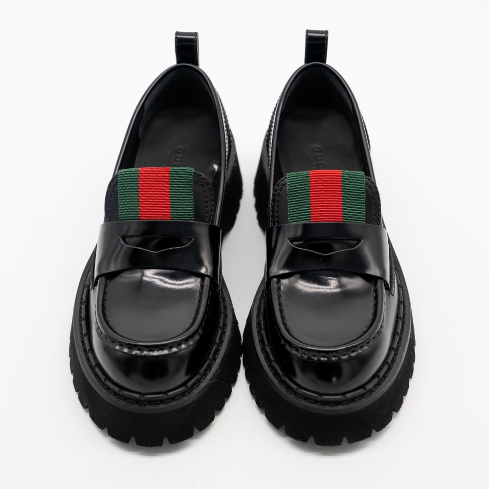 size 36G 6 US Gucci Lug Sole Penny Loafers Black Web Leather - Picture 3 of 12